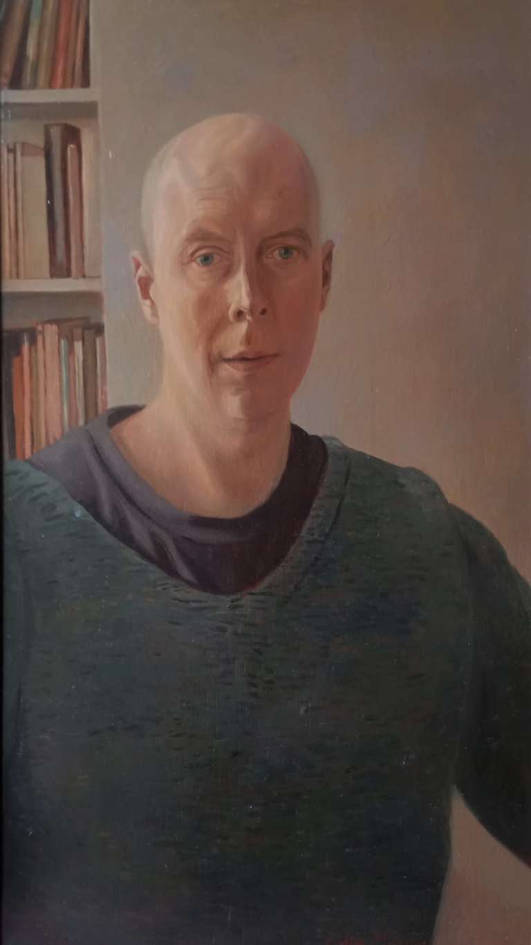 Self Portrait with books - oil on panel - 37 x66 cm - 2002