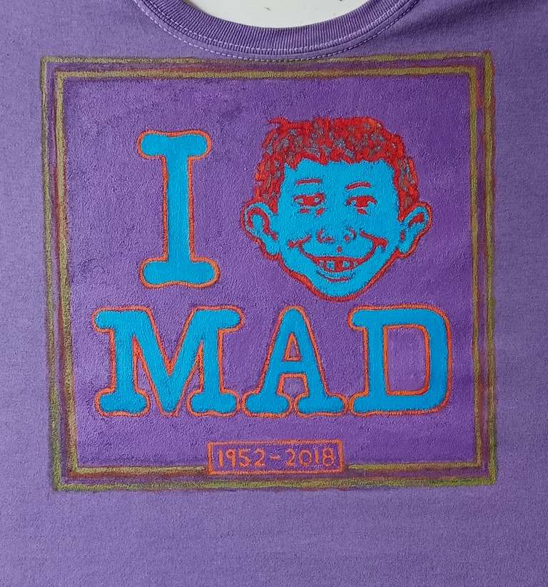 Homage to Mad Magazine - hand painted T shirt - fabric paint - 2024