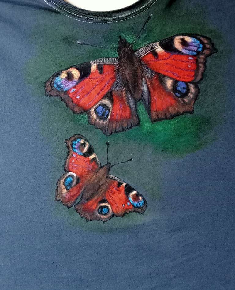 Peacock Butterflies - hand painted T shirt - fabric paint - 2024