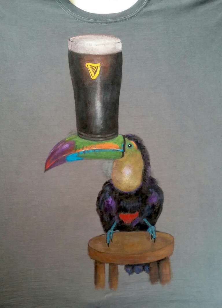 Toucan with Guinness - hand painted T shirt - fabric paint - 2020
