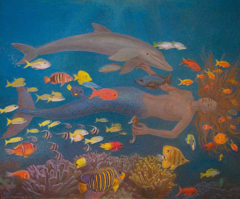 Mermaid and Dolphin - stretcher-framed Fine Art quality canvas print - 72 x 59 cm - 2010