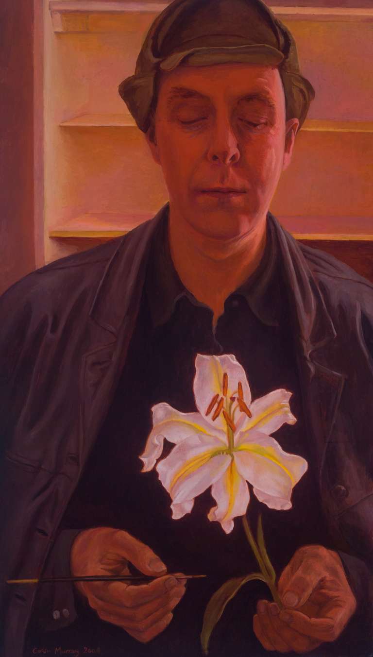 Self  Portrait holding a lily – oil on panel – 41 x 71 cm - 2005
