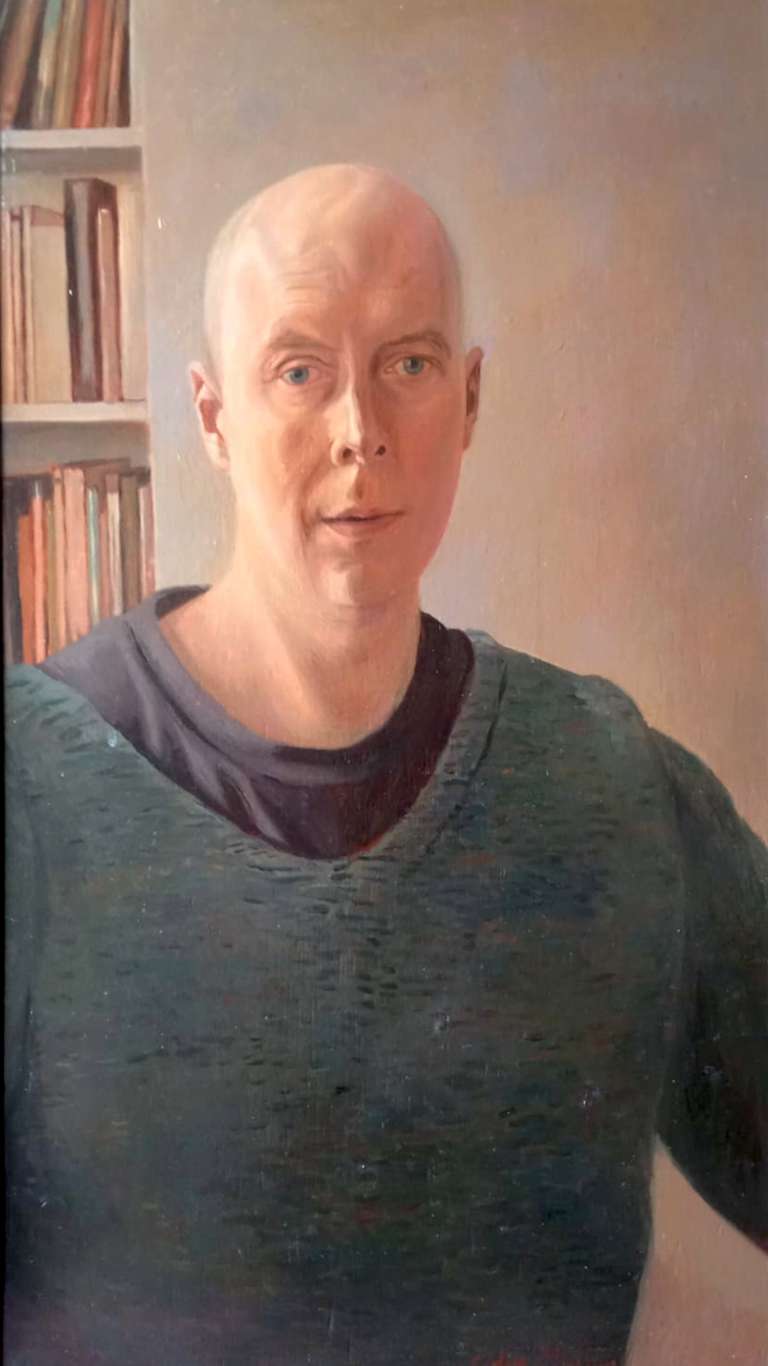 Self Portrait with books - oil on panel - 37 x 66 cm - 2002