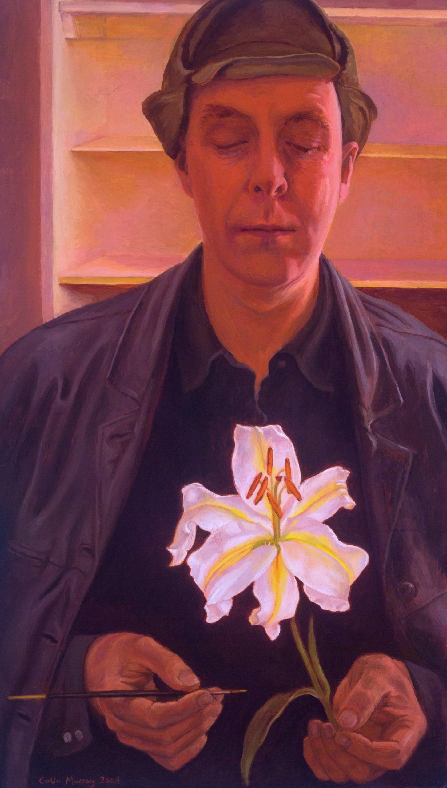 Self-portrait holding a lily – oil on panel – 41 x 71 cm